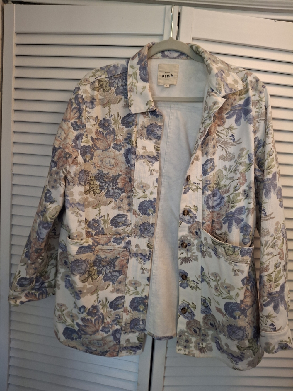 Sezane Floral Utility Jacket in Blue, Tan & Green